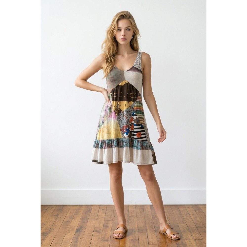 Y2k Sacred Threads Patchwork Dress L Lagenlook Artsy Boho Festival Hippie Ruffle
